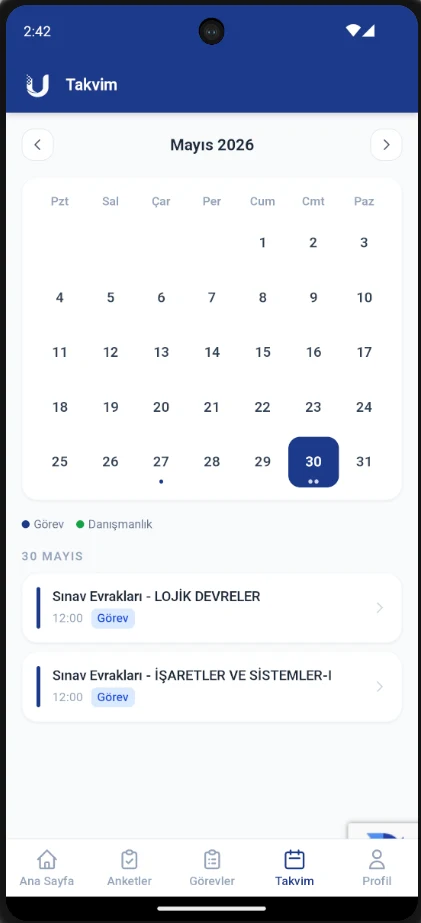 UniMetrik Mobile calendar and tasks screen