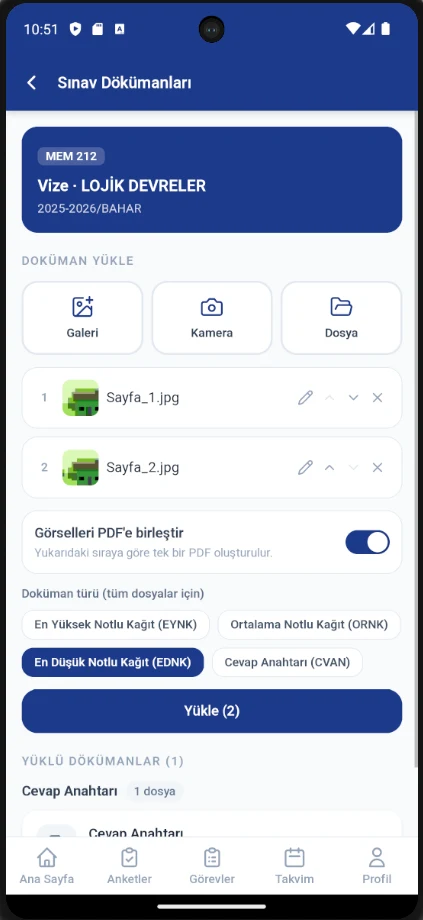 UniMetrik Mobile exam documents screen