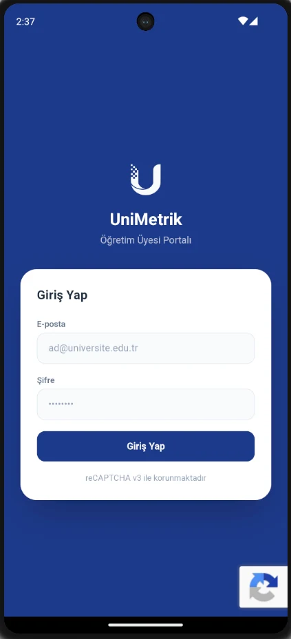 UniMetrik Mobile login screen